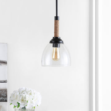Alys 7.63" Adjustable Rope Wrap Modern Rustic Iron/Glass LED Pendant - JONATHAN Y